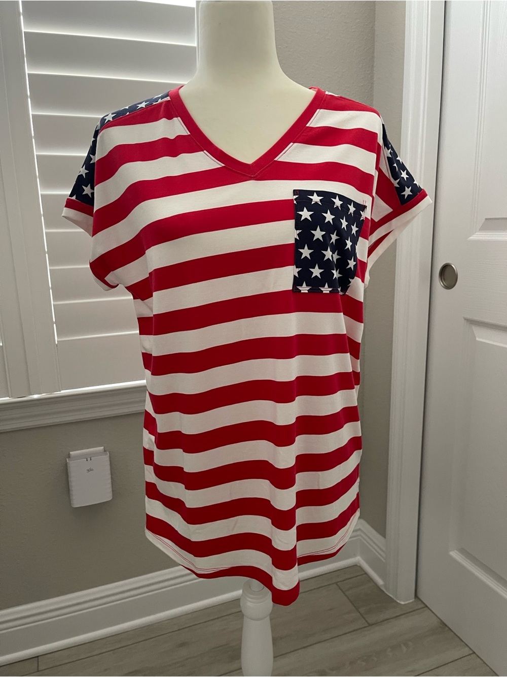 V-Neck Women's Red & White Striped Tee with Navy Star Pocket